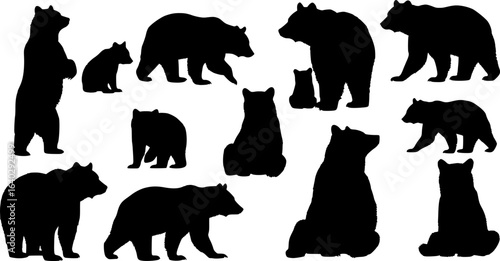 Bear silhouettes, bear in various poses, standing, walking, sitting, perfect for wildlife, nature designs, outdoor themes, versatile, visually engaging