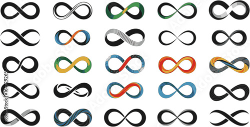 Infinity symbol, loop icon, cycle designs in black and color variations. Perfect for endless concepts, continuity, repetition, and abstract shapes. Ideal for graphic elements and mathematical represen