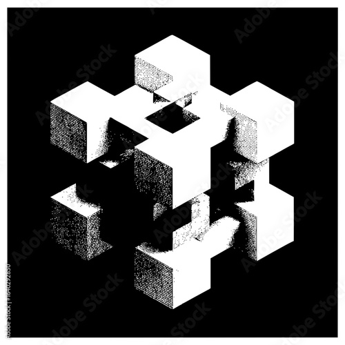 Isometric view of an abstract geometric structure composed of white cubes on a black background