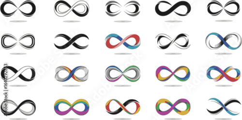 Infinity symbol, loop icon, cycle designs in black and color variations. Perfect for endless concepts, continuity, repetition, and abstract shapes. Ideal for graphic elements and mathematical represen