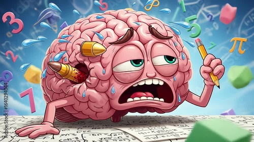Overwhelmed Brain Math Overload Bullet Wound Stress Anxiety Cartoon Animation.