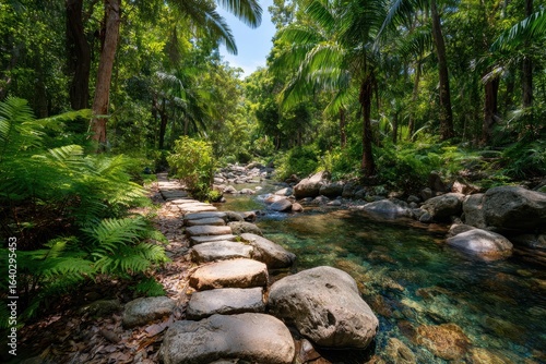 Serene Natural Landscape with Tranquil Stream and Lush Greenery Surrounded by Tropical Foliage and Rocky Pathway in a Peaceful Forest Setting