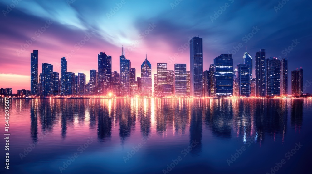 Obraz premium A stunning skyline at twilight, featuring modern skyscrapers reflecting on calm waters, illuminated by vibrant city lights.