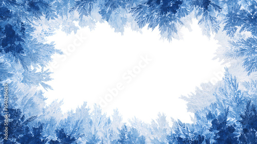 Blue icy snowflake frame border on transparent background.