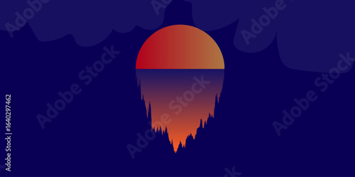 Serene Sunset Over Calm Ocean Waters. dark atmospheric landscape with misty mountains and a glowing red sun reflecting over a calm lake in a surreal minimalist scene