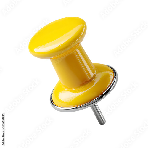 Bright yellow push pin isolated on transparent background.