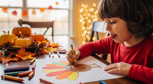 A young boy drawing a turkey with crayons on a table decorated for thanksgiving with pumpkins