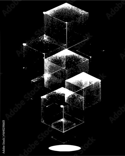 Abstract arrangement of stacked translucent cubes with visible edges in a dark monochrome setting
