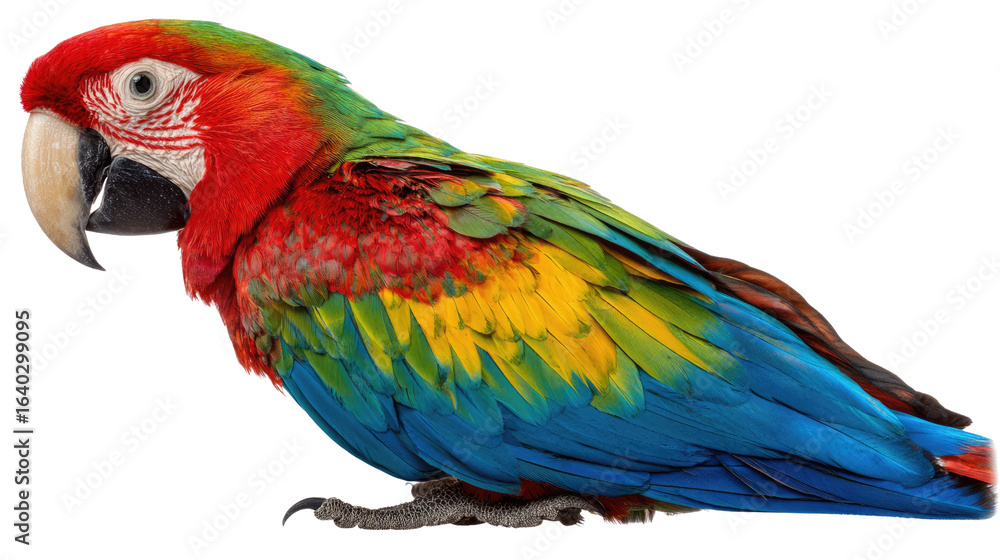 Obraz premium Colorful Parrot: A stunning close-up captures the vibrant beauty of a macaw, showcasing its bright, exotic plumage and captivating eye, a true symbol of the wild and a visual feast.