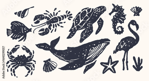 Hand Drawn Tropical Fish Silhouette Retro Underwater Deep Ocean Animal, Blue Whale, Lobster, Sea Turtle, Lobster, Stingray, Sea Shall, Crab Starfish, Summer in Vector Illustration  