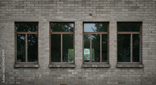 Four symmetrical windows in a weathered brick wall create a sense of quiet isolation.