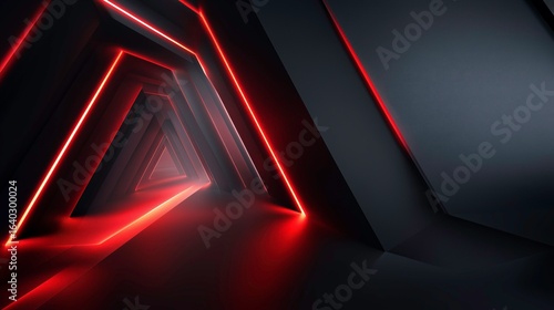 Futuristic Dark Tunnel with Neon Orange Light Lines in Geometric Pattern