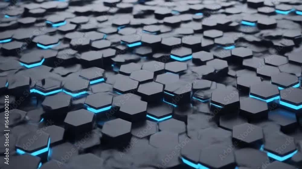 Animated background showing dark gray hexagons with glowing blue edges moving in a wave pattern