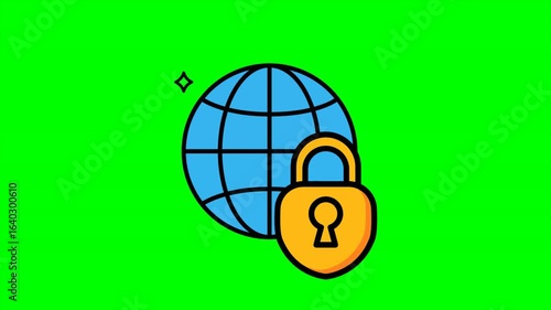 Animated Internet Security Icon with Green Screen Background – Globe and Padlock Vector Illustration