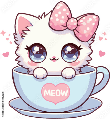 Adorable kawaii kitten nestled comfortably inside a delicate teacup perfect for cute animal themed designs