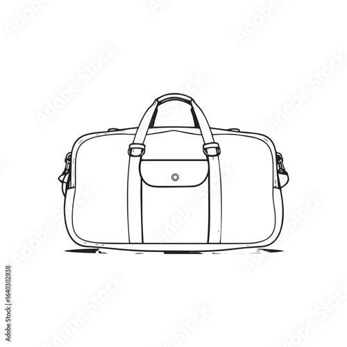Vector art of a black and white line drawing of a duffel bag, isolated on a white background, showcasing its design and structure for travel or gym use