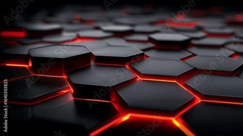 Futuristic Hexagonal Black Tiles with Glowing Orange Edges for Technology and Innovation Themes