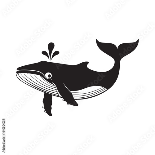 Vector art of black silhouette of a humpback whale breaching and spraying water, isolated on a white background, representing marine life and the oceans majesty
