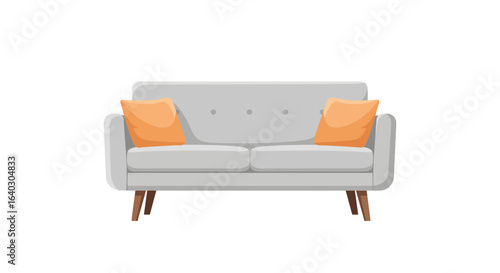 Stylish grey loveseat with orange pillows for modern home interior design. Cozy couch furniture illustration for a comfortable lifestyle concept.