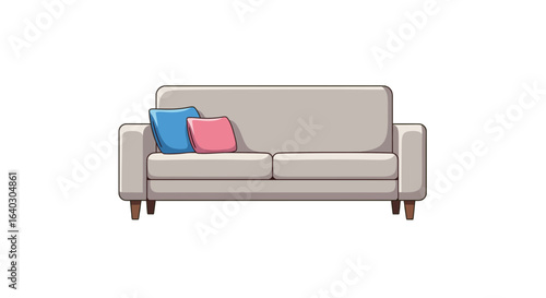 Cozy loveseat illustration with two decorative cushions. Comfortable home furnishing element isolated on white background.
