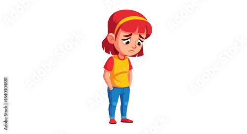 Sad cartoon girl with a dejected expression feeling lonely and upset, an illustration of a child experiencing unhappiness.