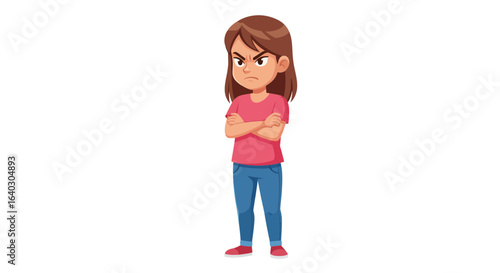An illustration of an angry young girl with her arms crossed, expressing frustration and disapproval on a white background.