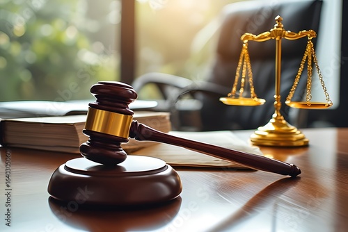 Elegant gavel and scales of justice embody fairness and law in a modern office setting