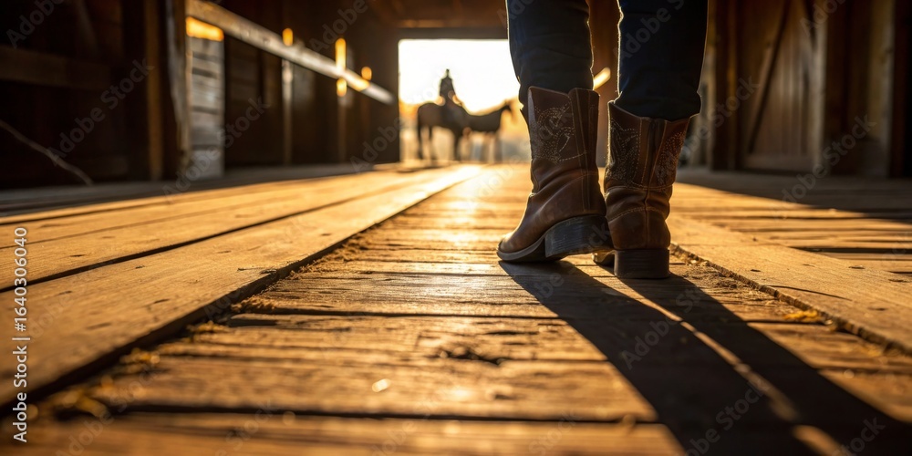 Fototapeta premium Sunlit barn path leads to tranquil riders at dusk under golden skies
