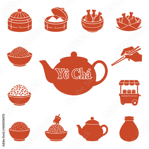 Dim Sum Icon Set. A red silhouette vector illustration of Chinese and Cantonese food. A Yè Chá graphic clipart of a teapot, steamer, and rice for a restaurant menu and Asian tea house design.