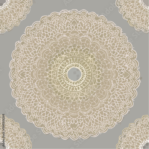 delicate snow white torchon lace with repeating floral medallions on pale gray, seamless vector textile pattern for timeless elegance