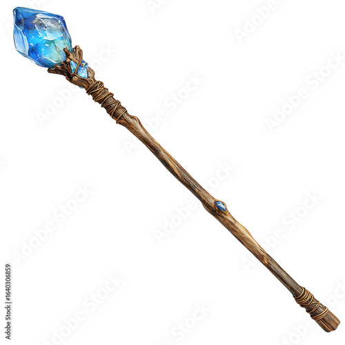 Fantasy Magic Wooden Staff with Blue Crystal on transparent background.