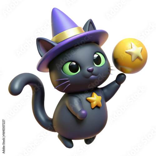 Adorable cartoon black cat wearing a purple witch hat holding a golden star ball