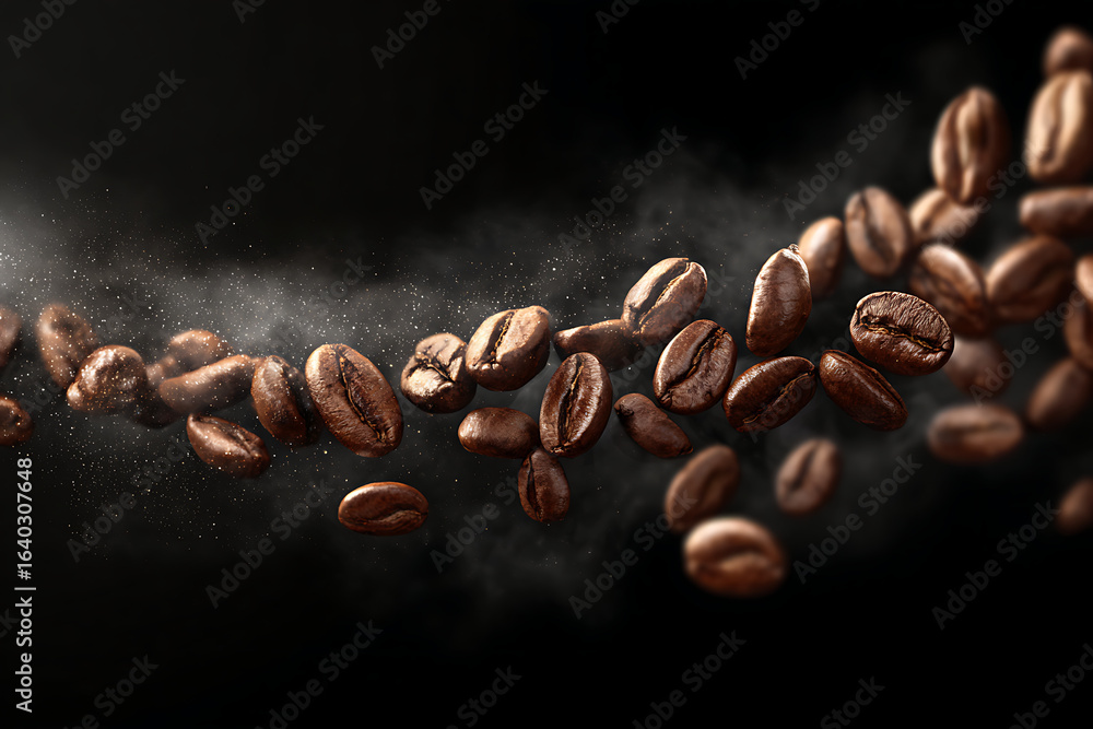 Obraz premium Floating coffee beans surrounded by aromatic dust on a dark background, ideal for beverage marketing