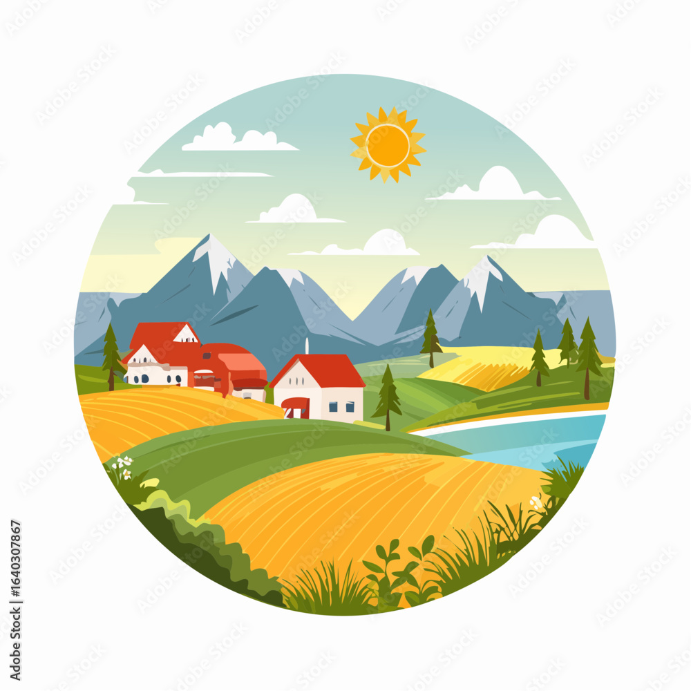 Naklejka premium Cartoon illustration of a rural village landscape with houses, trees, and hills under a summer sky
