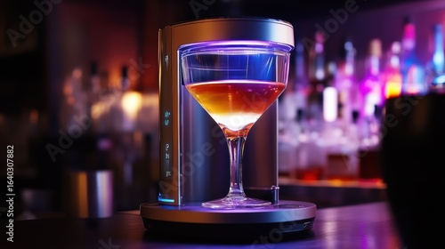 A sleek cocktail maker with a glowing design presents a martini on a bar, surrounded by colorful bottles, highlighting a modern drinking experience.
