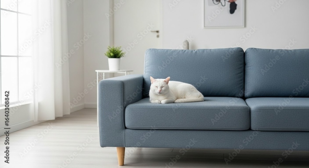 Fototapeta premium Minimalist White Cat on Blue Sofa