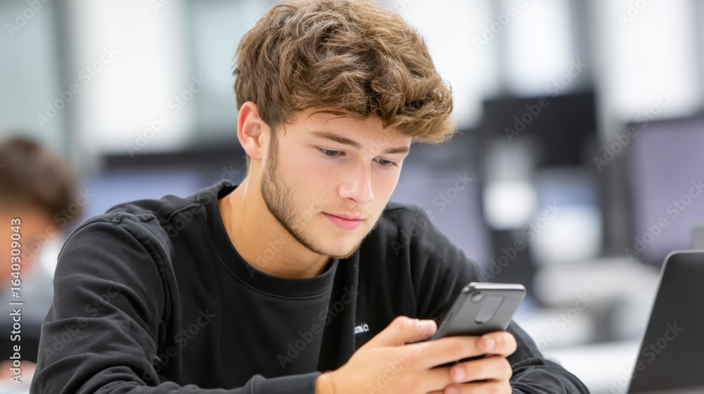A young man focused on his smartphone in a modern workspace, surrounded by blurred computer screens, reflecting a tech-savvy lifestyle. A young man focused on his smartphone in a modern workspace, surrounded by blurred computer screens, reflecting a tech-savvy lifestyle.