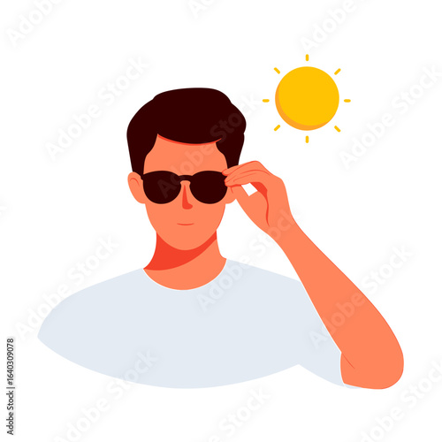 Man wearing sunglasses and a white shirt with a sun graphic in the upper right corner of the image