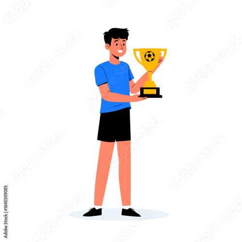 Young athlete celebrating victory while holding a trophy in a joyful and proud manner