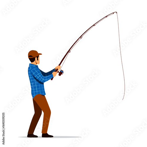 Man fishing with rod in bright, engaging, and playful illustration showcasing outdoor activity and leisure