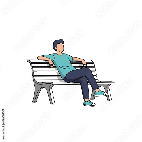 Young man relaxing on a bench, enjoying leisure time, dressed casually with sneakers on feet