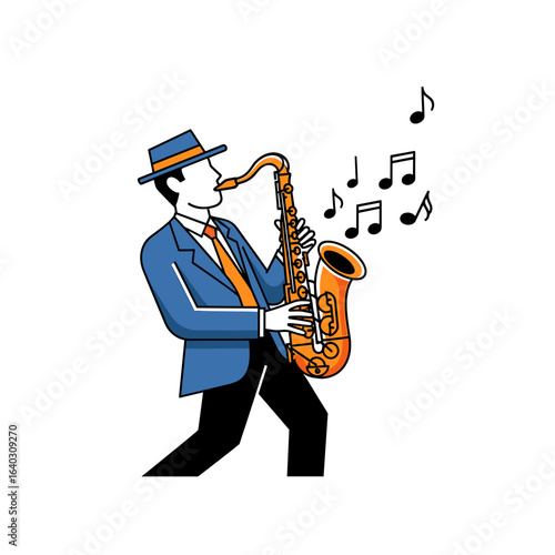 Jazz Musician Playing Saxophone with Vibrant Notes Floating Around in a Whimsical Style