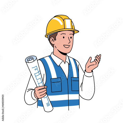 Construction worker in hard hat enthusiastically discussing plans with rolled blueprints in hand