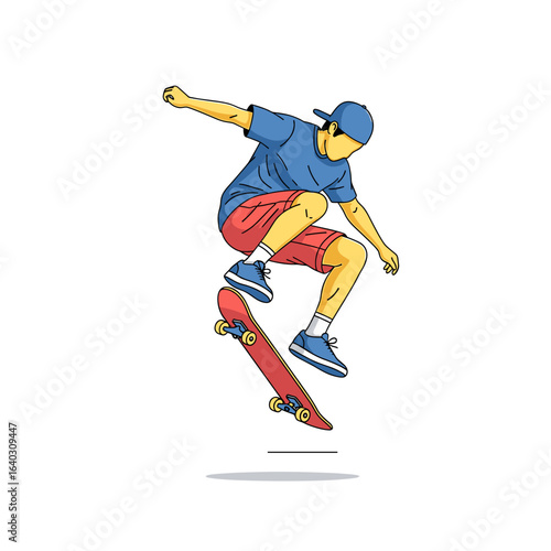 Young skateboarder performing an impressive trick mid-air with vibrant colors and dynamic action elements