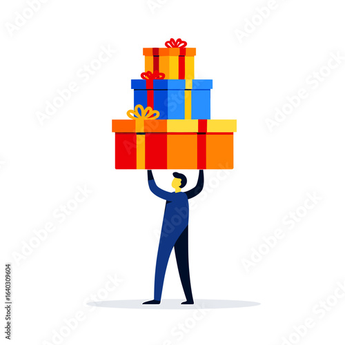 Cheerful individual triumphantly balancing colorful wrapped gifts for a festive celebration or occasion