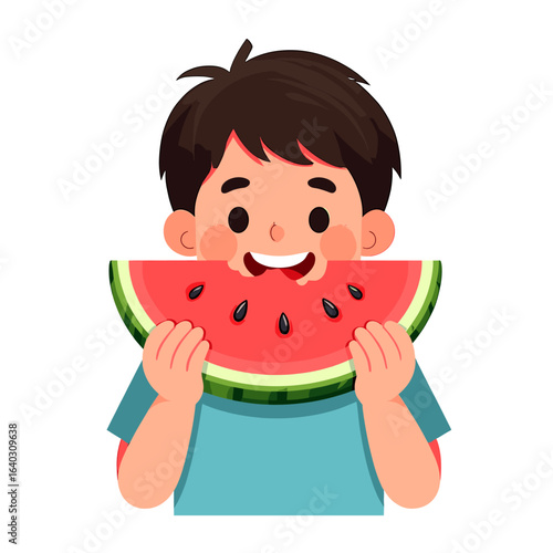 Happy child joyfully holding a slice of watermelon, enjoying a refreshing summer treat together.
