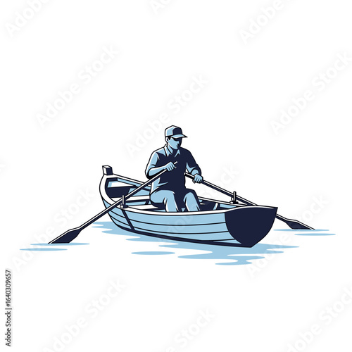 A skilled rower navigating tranquil waters in a picturesque boat illustration with serene vibes