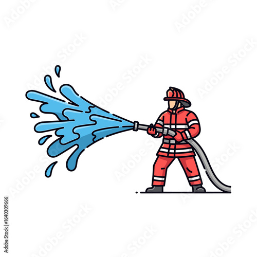 Firefighter in action spraying water with hose to extinguish flames and control fire hazards