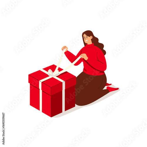 Joyful woman unwrapping a festive red gift box with white ribbon in a cheerful setting