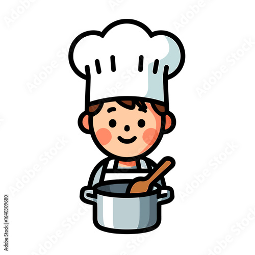 Young chef happily stirring a pot in a cartoonish style, showcasing culinary enthusiasm and joy